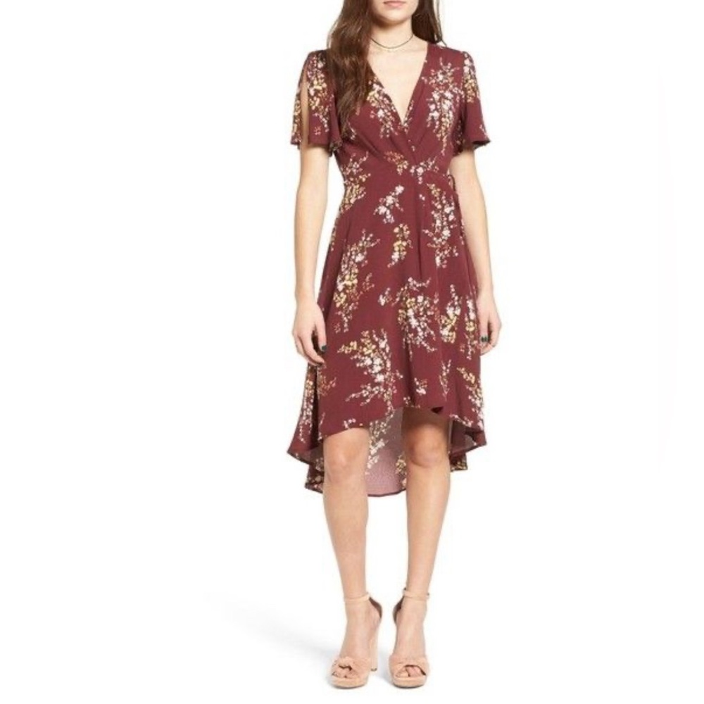 ASTR the Label Adeline Floral Print Wrap Midi Dress
